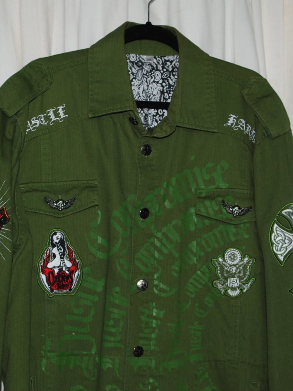 Blac Label military-style graphic shirt jacket in olive green